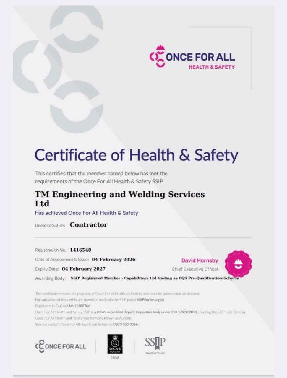 SSIP · Once For All H&S certificate